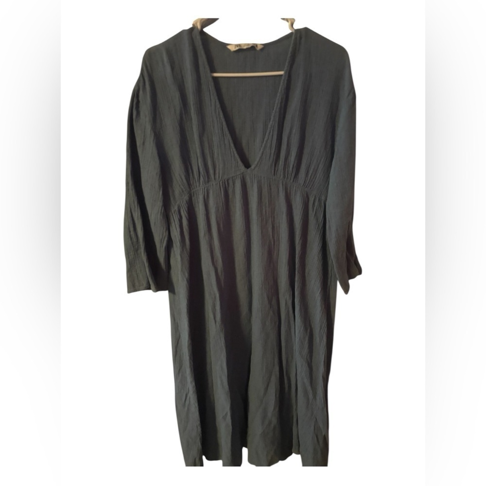Flowy Oversized Light Blue-Gray Low V-Neck Long Sleeve Maxi Dress by Zara